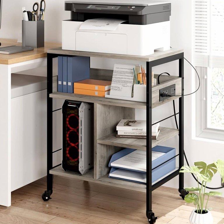 Amyove Printer Stand with Charging Station, 4-Tier Rolling Printer Stand for Desktop CPU